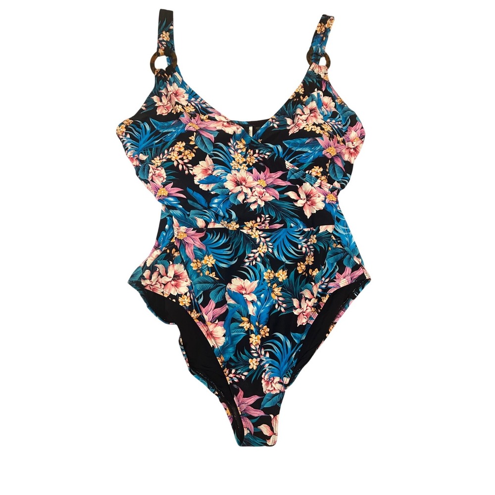 Nip Tuck sz 12 one‎ piece swimsuit tropical black tummy control molded cups